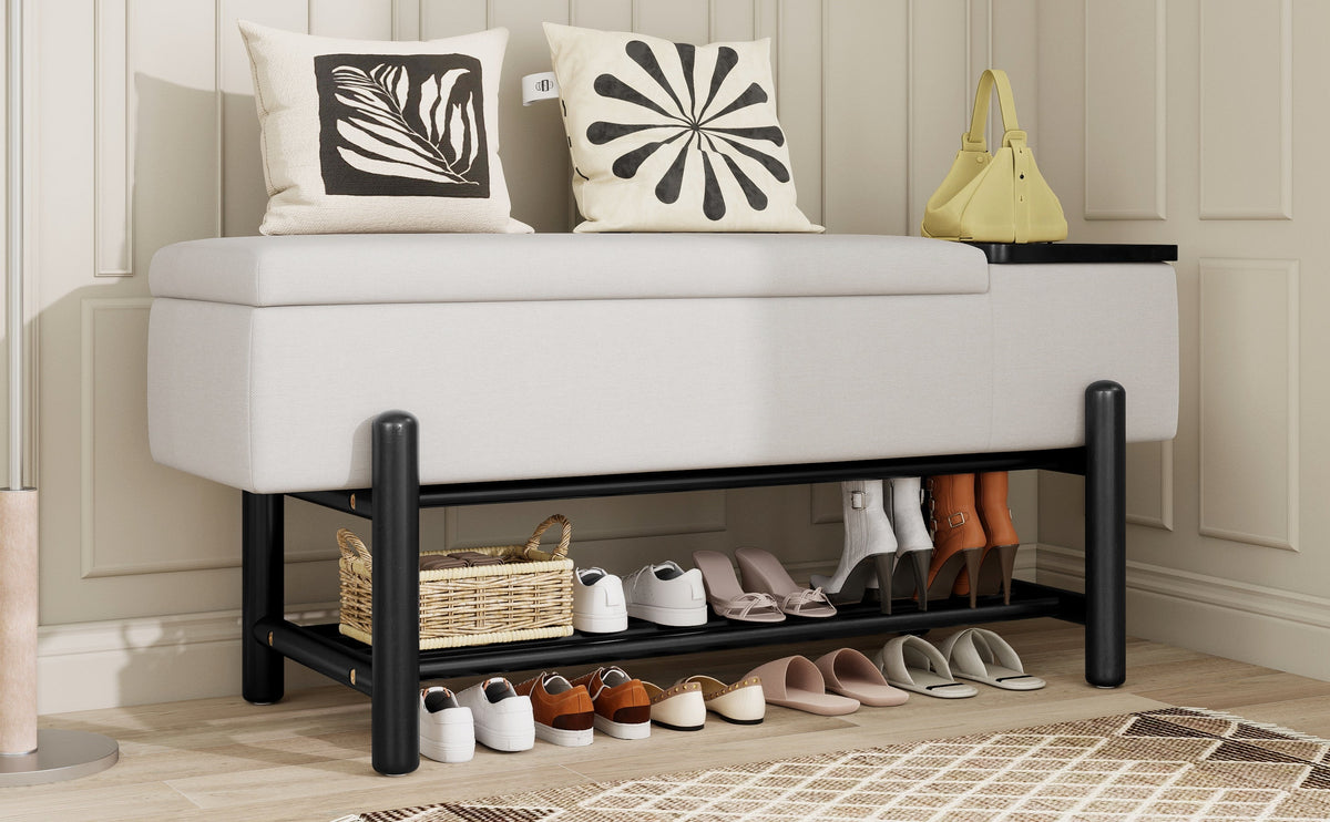 TREXM Farmhouse Upholstered Storage Bench with Hidden Compartment