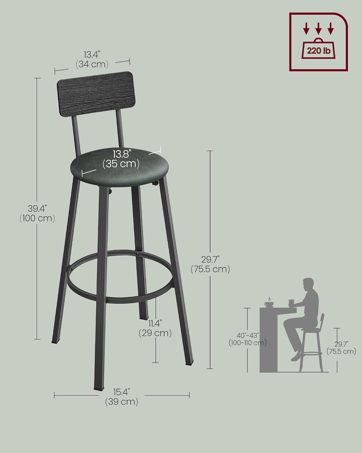 29.7 Inch PU Bar Stools Set Of 2 With Backrest And Footrest