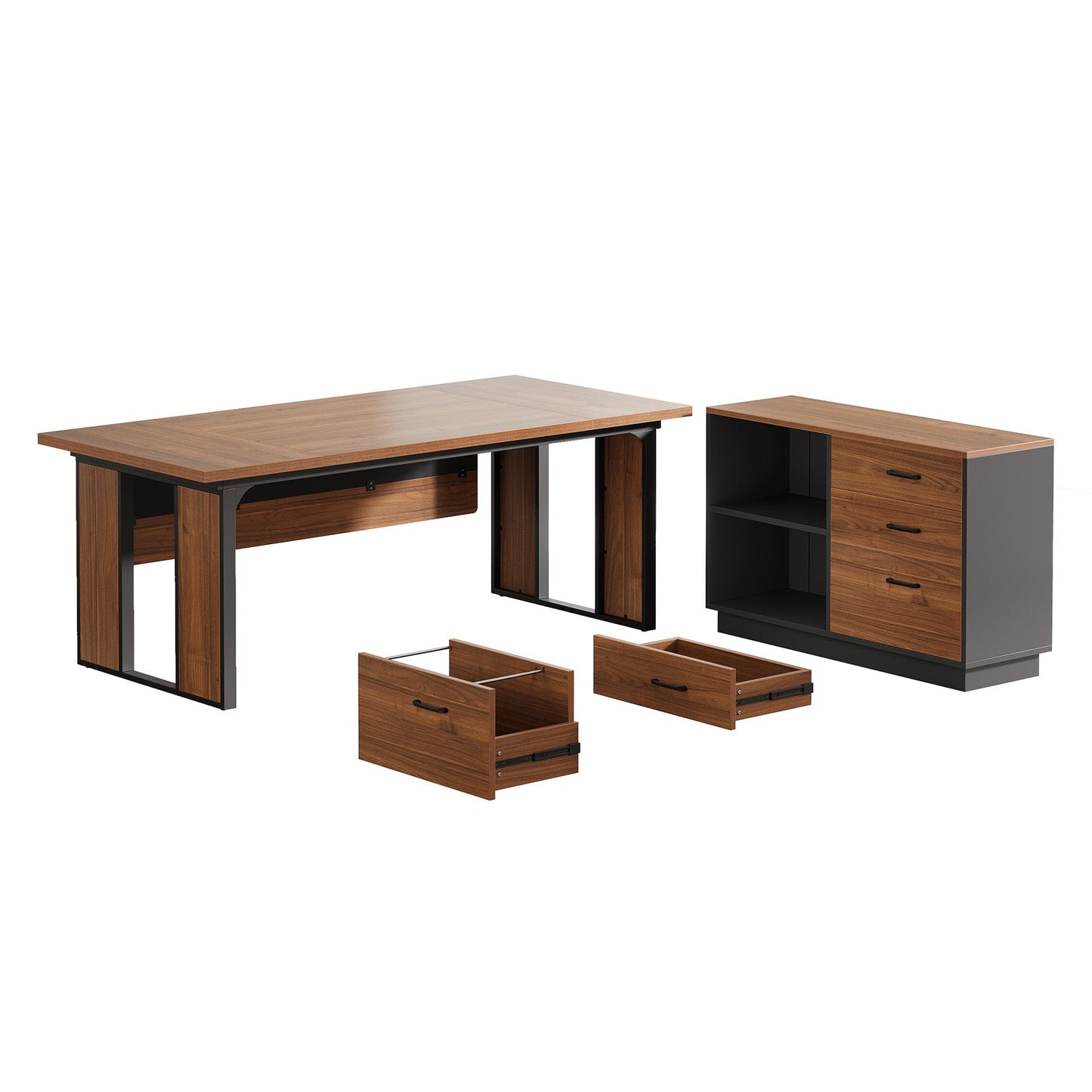 63-Inch L-Shaped Executive Desk with 47-Inch File Cabinet