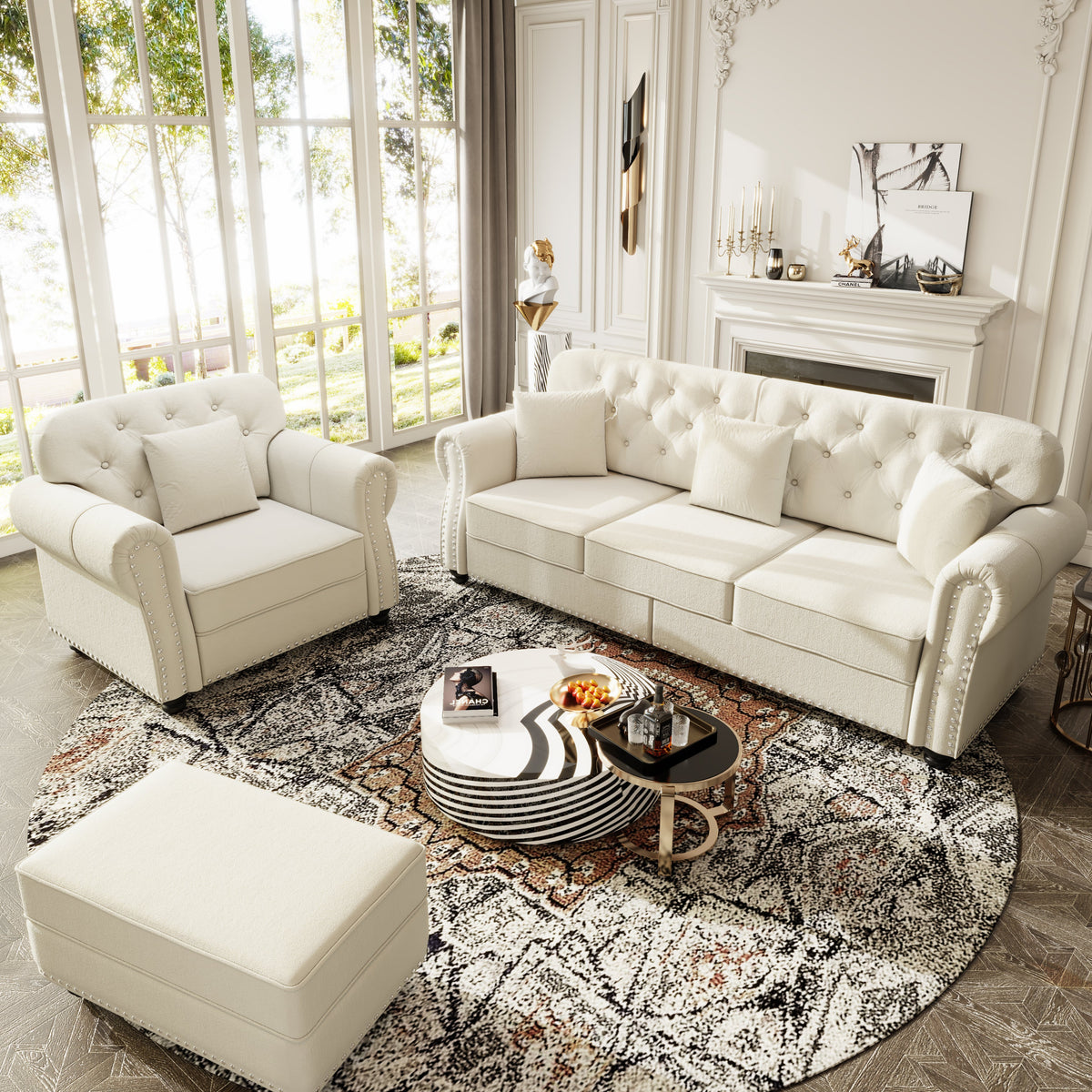 Upholstered Velvet Sofa with Nailhead Trim and Ottoman
