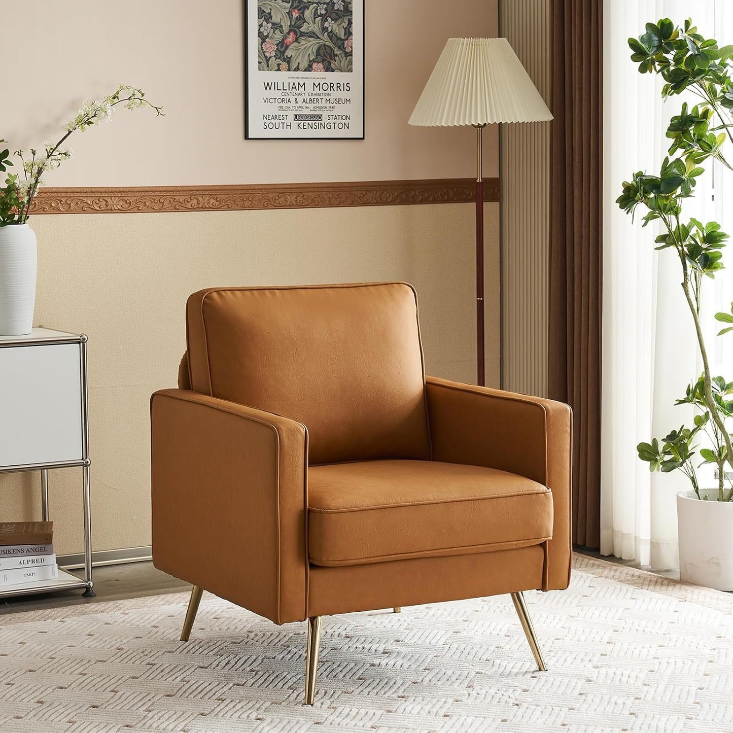 Brown PU Leather Accent Chairs Set Of 2 With Gold Legs