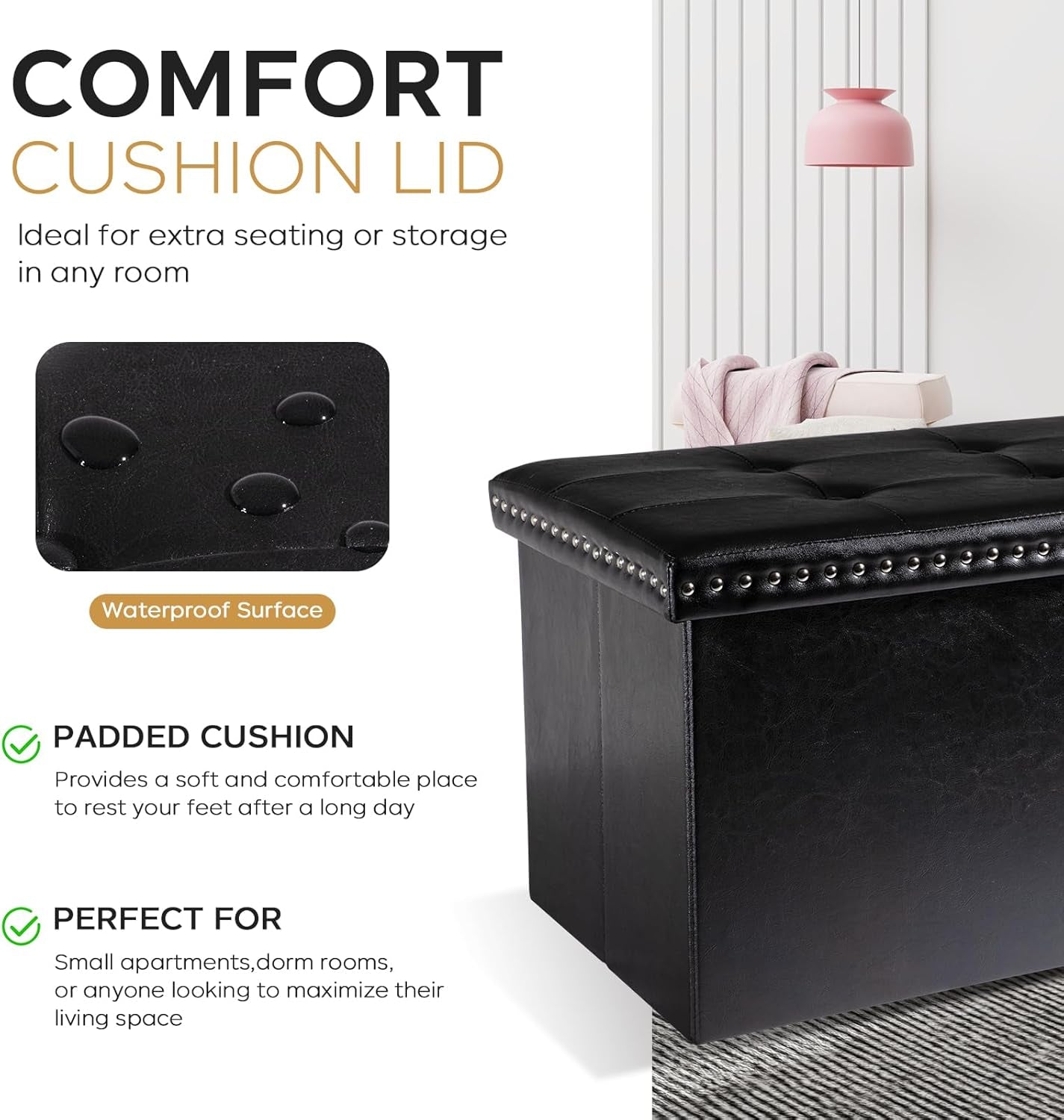 Faux Leather Folding Storage Ottoman 30 Inch Size Black