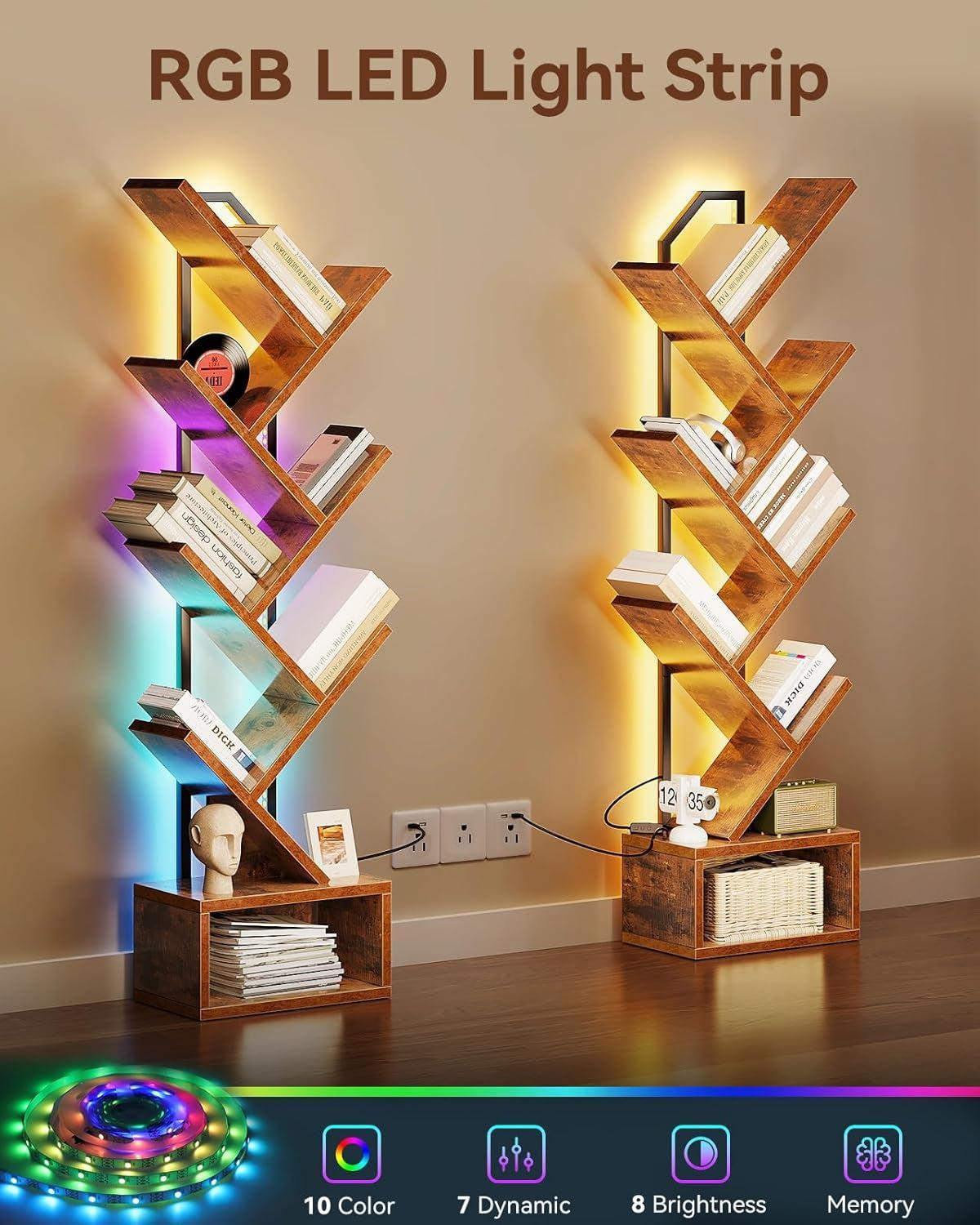 Six Tier Tree Bookshelf With LED Lights Narrow Floorstanding