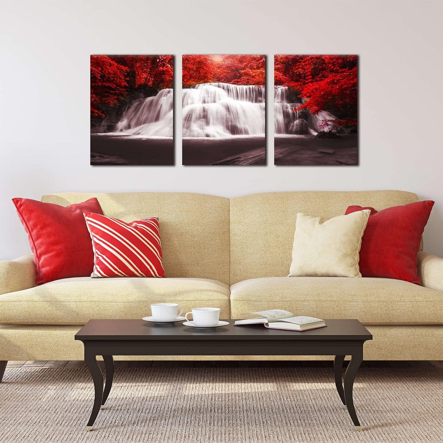Stunning 3-Piece Canvas Wall Art - Black, White, and Red Waterfall Landscape with Red Trees, Perfect for Home or Office Décor (12x16 inches each)