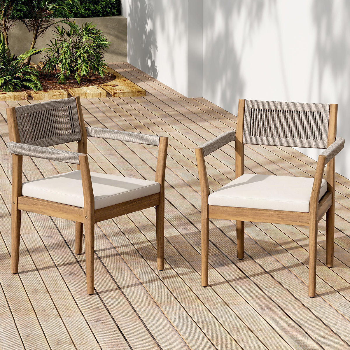 Braided Acacia Wood Outdoor Dining Chairs Set of 2