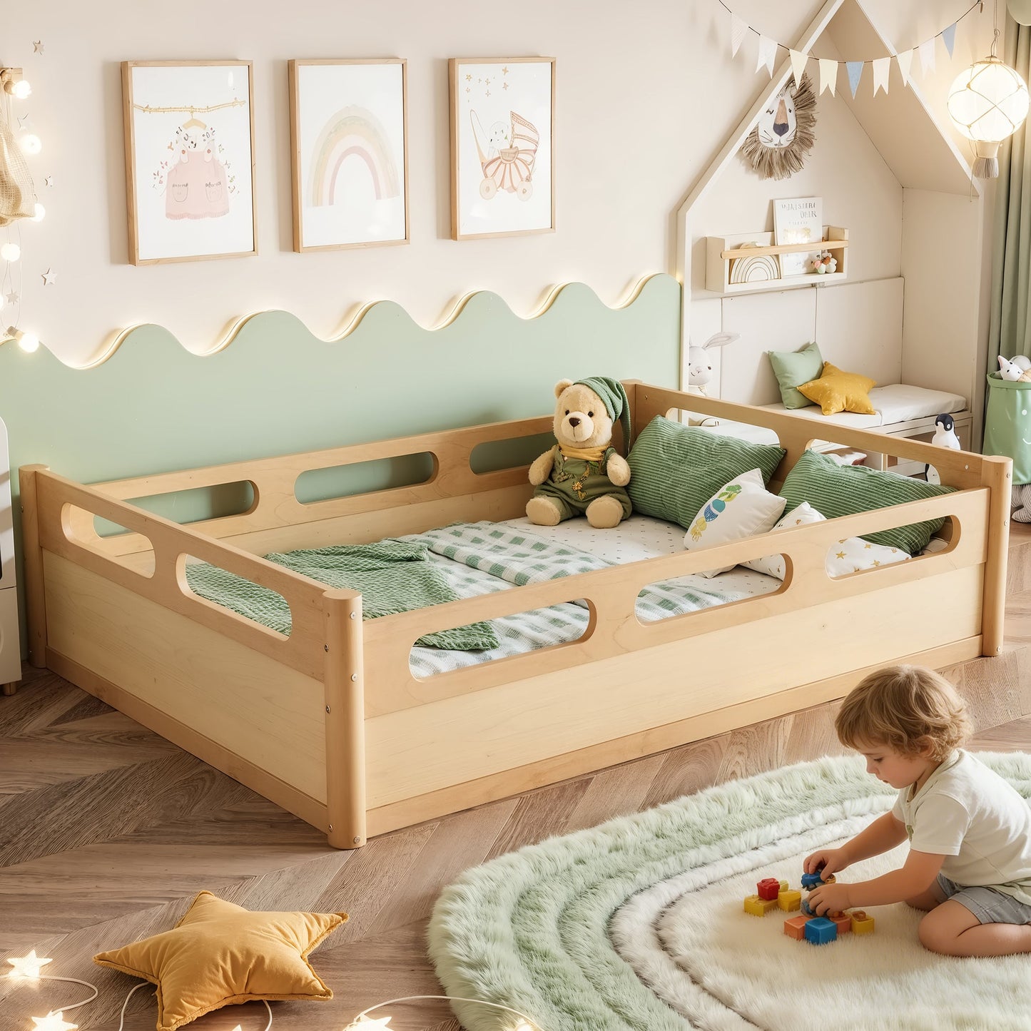 Full Size Platform Bed with Full-length Guardrails