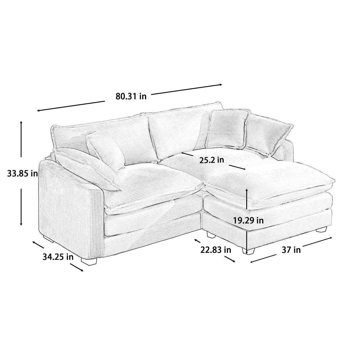 Corduroy Two-Seater Sofa with 1 Footrest