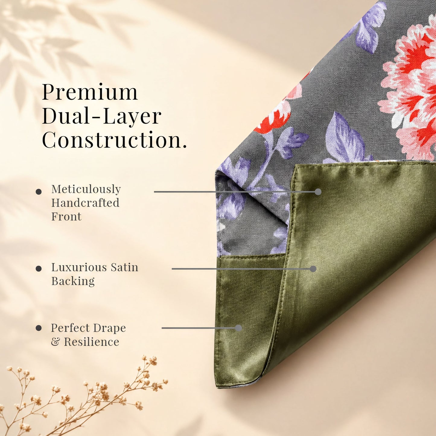 Gray Red Table Runner - Floral Polyester Indoor Outdoor Decorative Linen