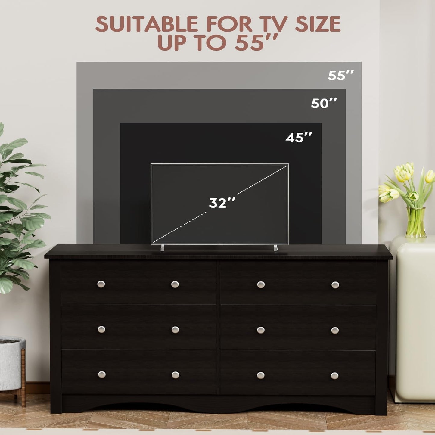 Brown Six Drawer Dresser And TV Stand Wide Wood Chest