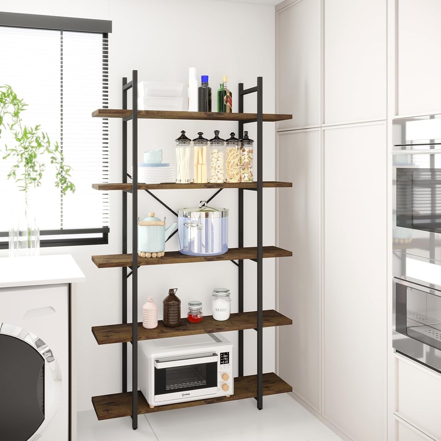 Five Tier Bookshelf Organizer Rustic Brown Metal Shelving