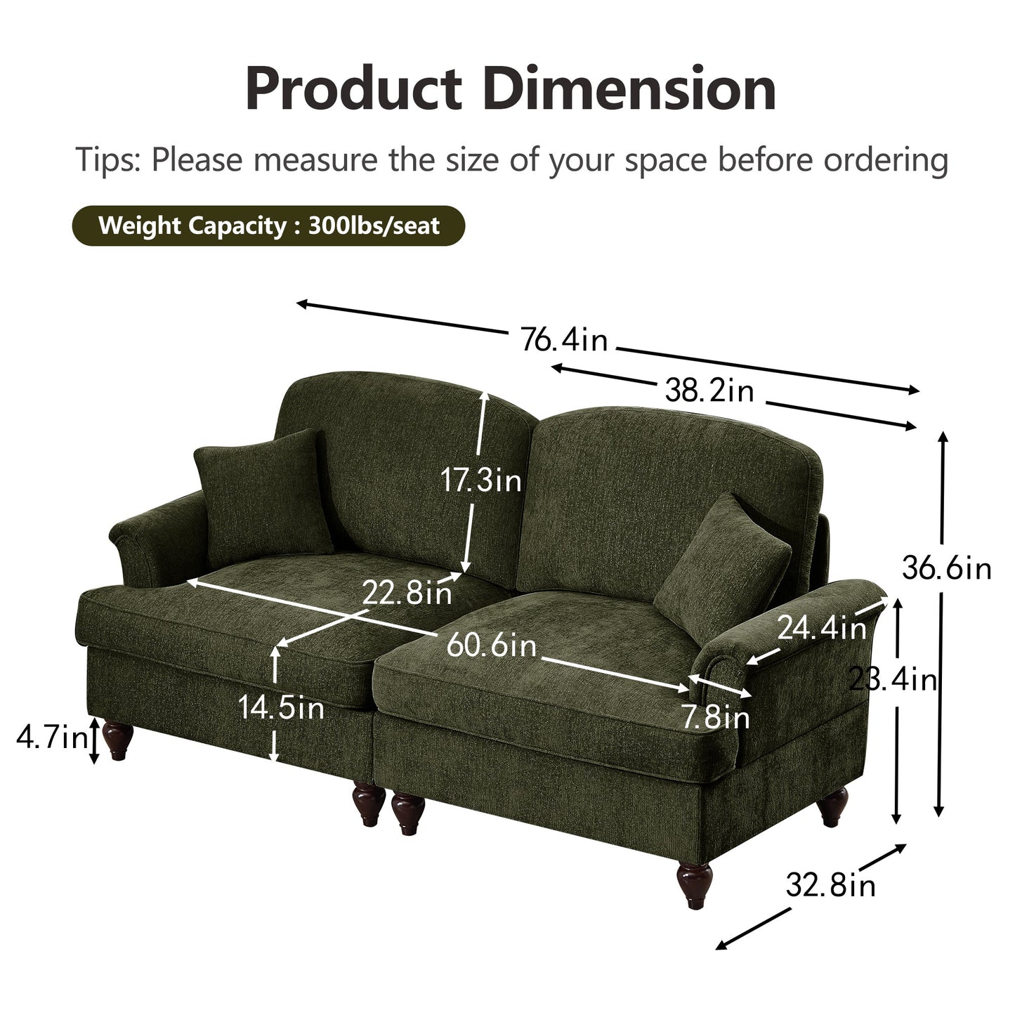 Classic 2 Piece Modular Couch Living Room Sofa Set with Flared Arms and Removable Ruffles Pleats Skirts and Spindle Legs, 2 Seater Sofa + 2-Seat Loveseat Sofa Sets for Living Room,Green