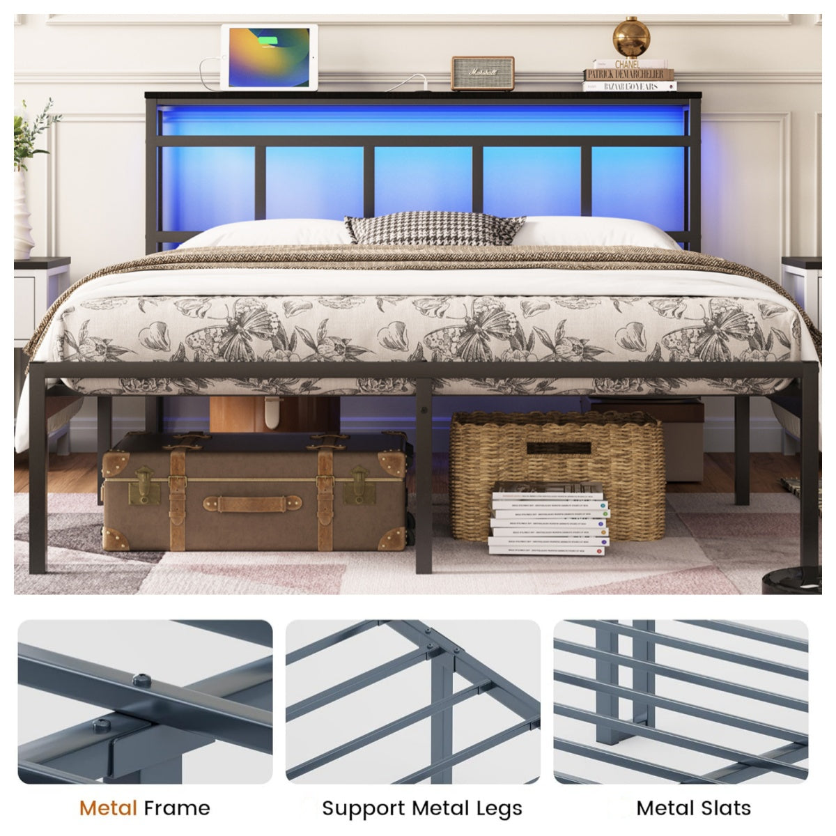 14 Inch Full Bed Frame with Storage Headboard