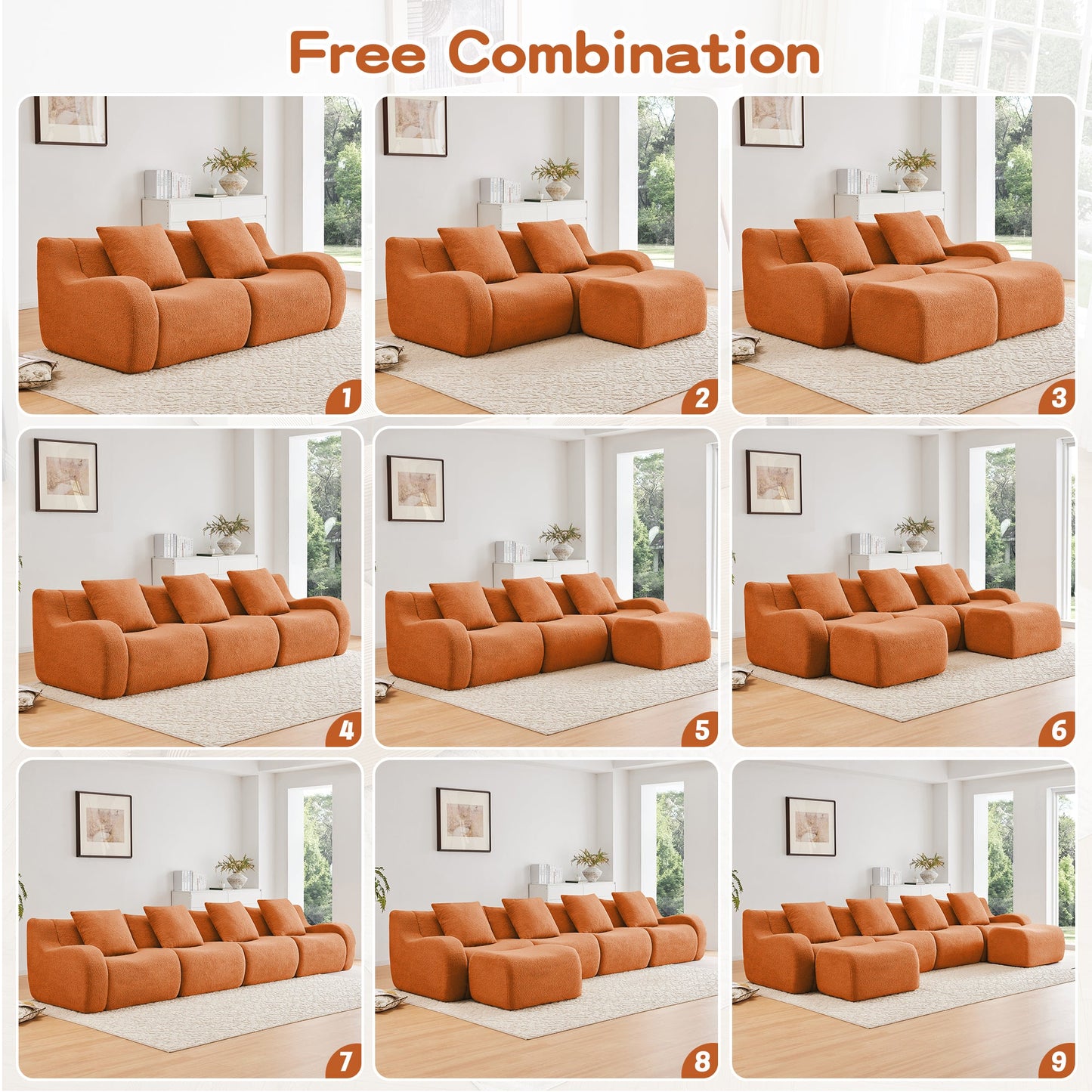 U-Shaped Boneless Sofa,Teddy Fabric No assembly required Curved armrest,Anti-slip Design,Streamlined Design 32D High Density Sponge,Full Compression Vacuum Packag,For Studies living Rooms,Orange
