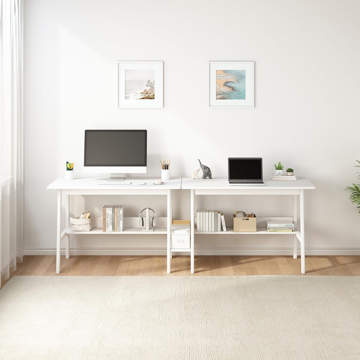 Two Person Desk With BuiltIn Bookshelf 79Inch White