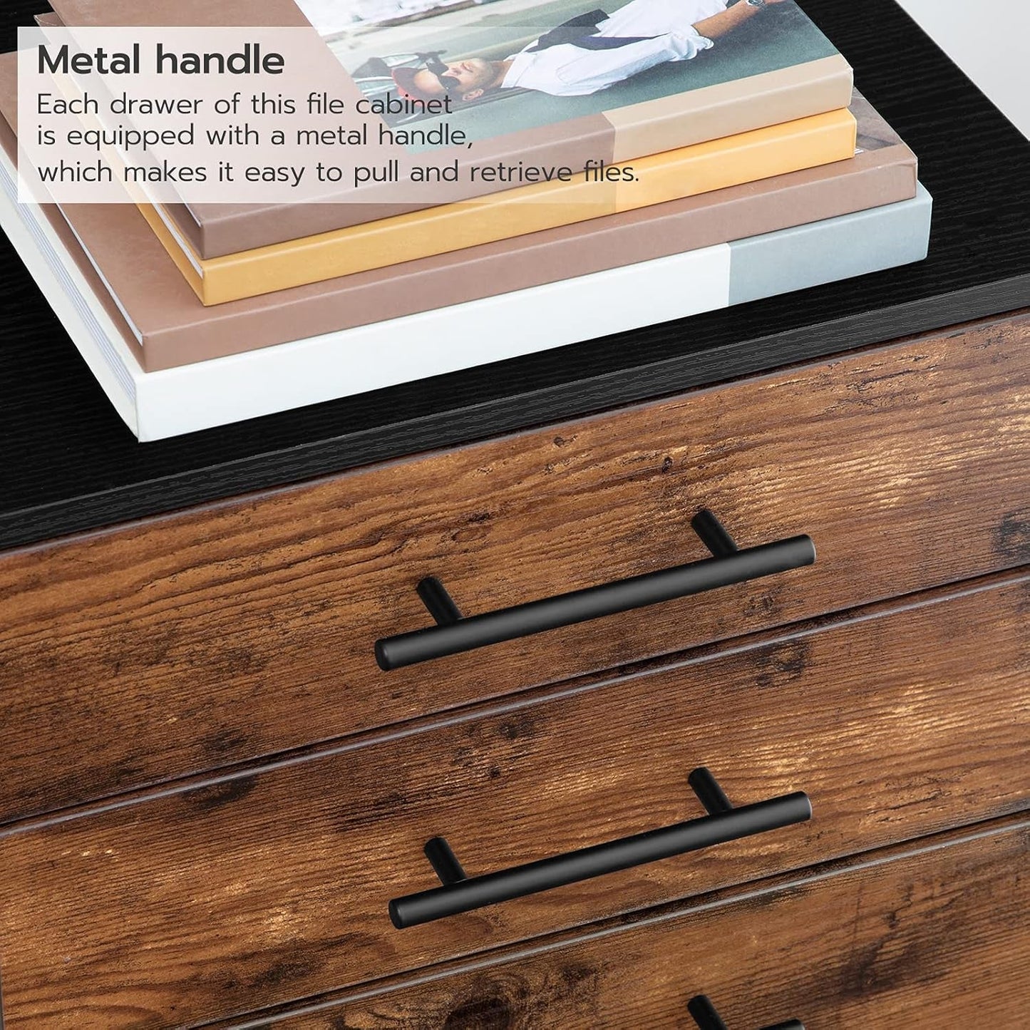 Wooden Three Drawer File Cabinet Under Desk Fits A4 Letter Size Rustic Brown Black Finish With Rolling Storage