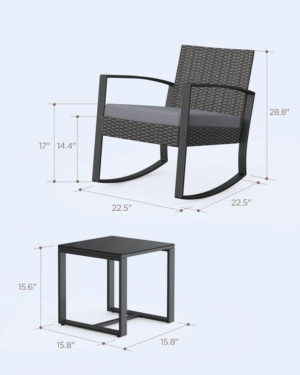 3 Piece Rattan Rocking Bistro Set With Coffee Table Outdoor Patio Furniture Grey Cushions