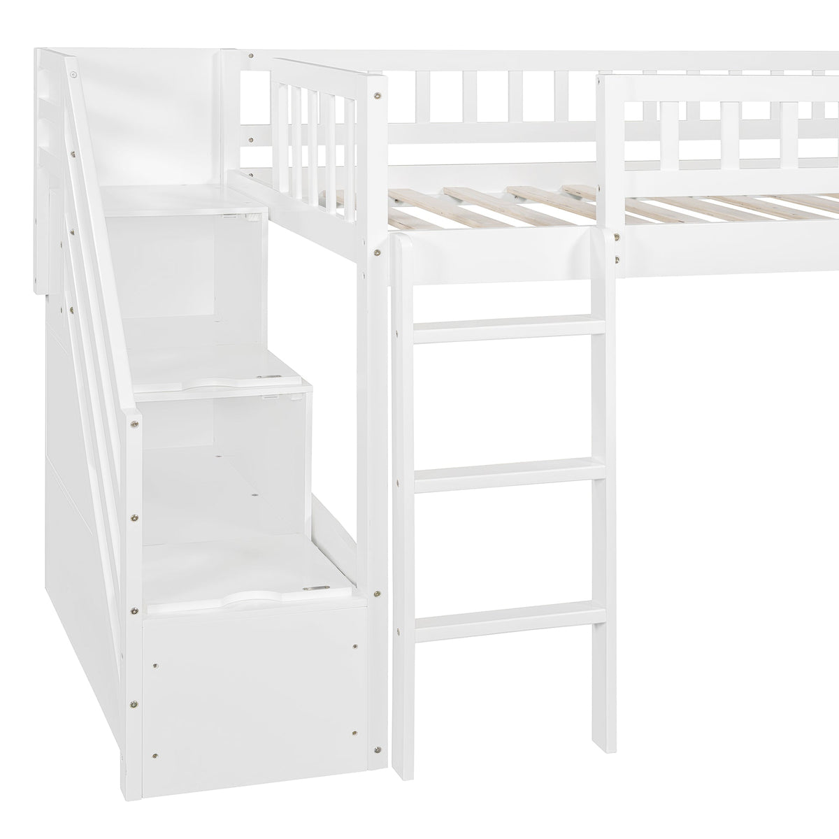 Stairway Twin Size Loft Bed with Two Drawers and Slide, White