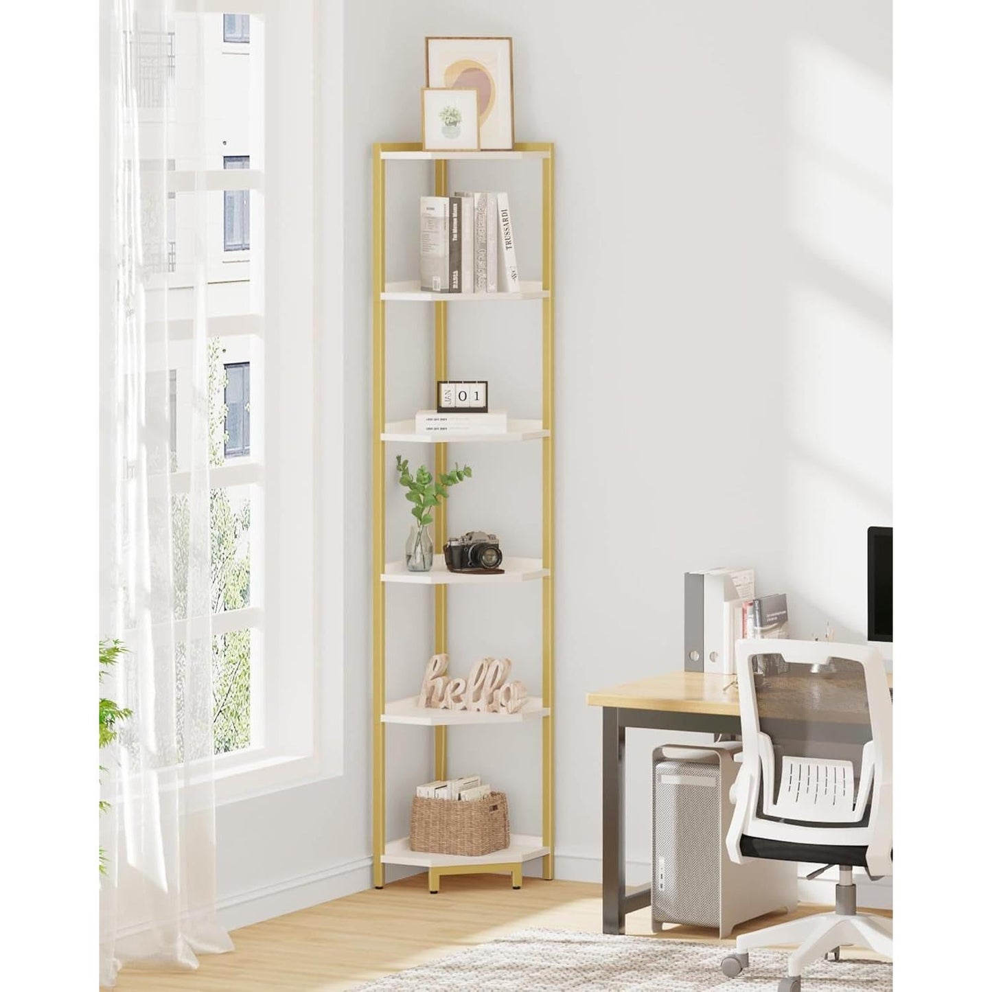 6-Tier Corner Shelf Stand White Gold Finish For Living Room