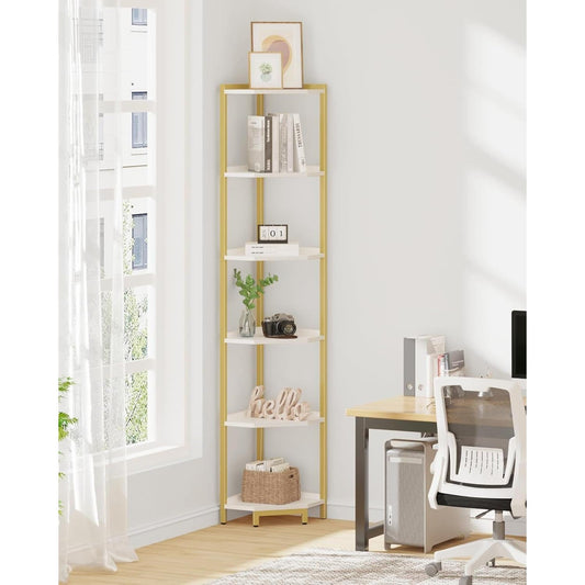 6-Tier Corner Shelf Stand White Gold Finish For Living Room