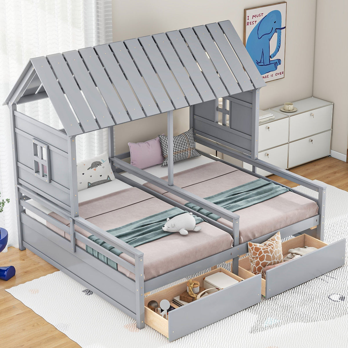Twin Size House Platform Beds with Storage Drawers
