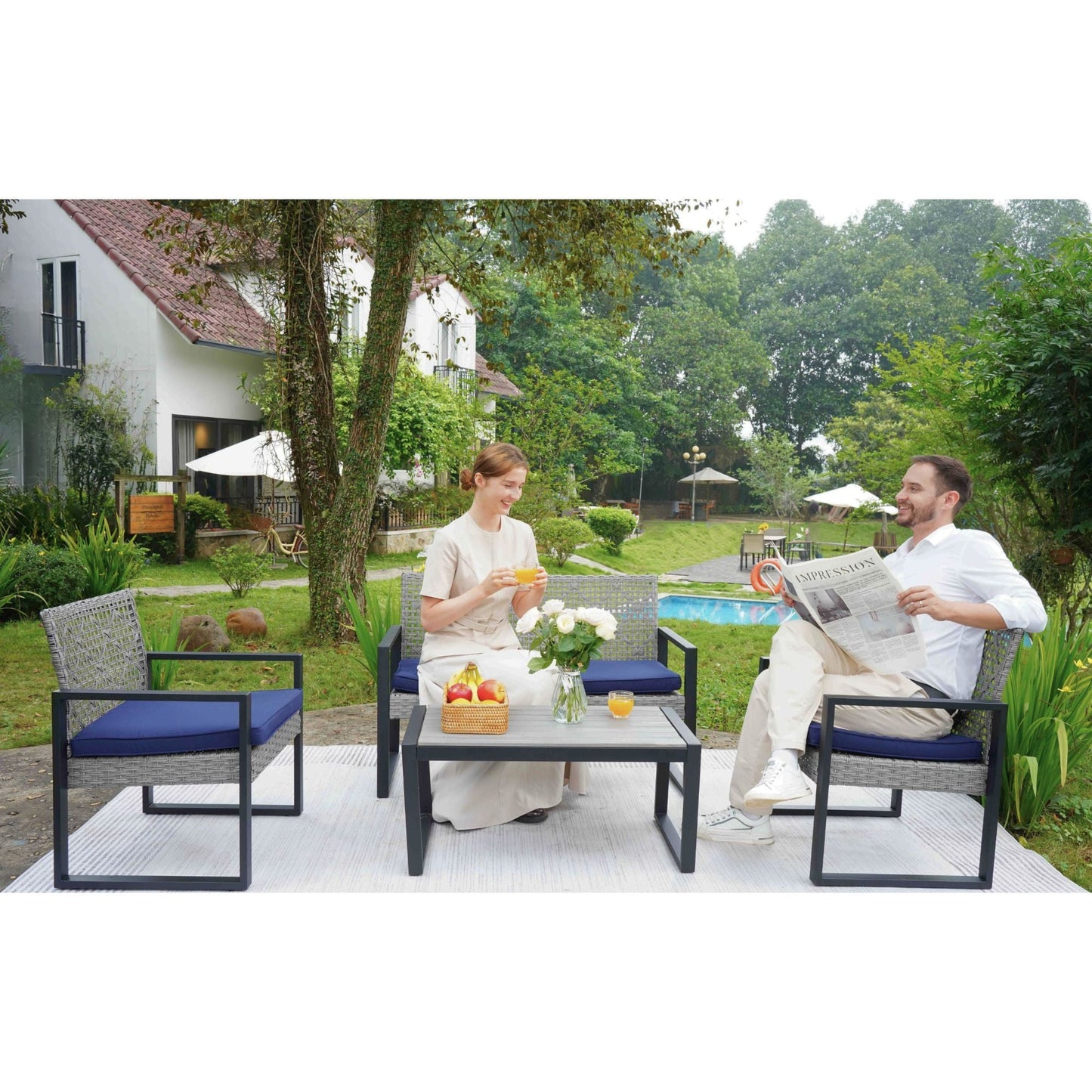 4 Piece Patio Furniture Set With Acacia Wood Table Top And Cushions