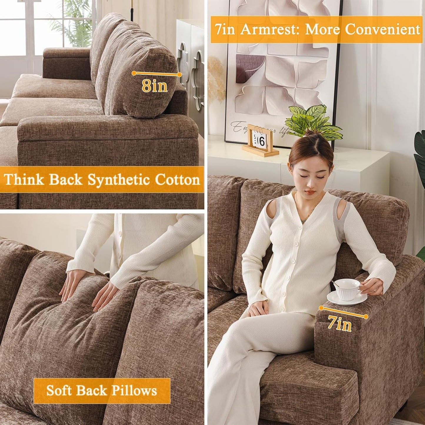 85 Inch L Shaped Couch Armrest Organizer Movable Ottoman