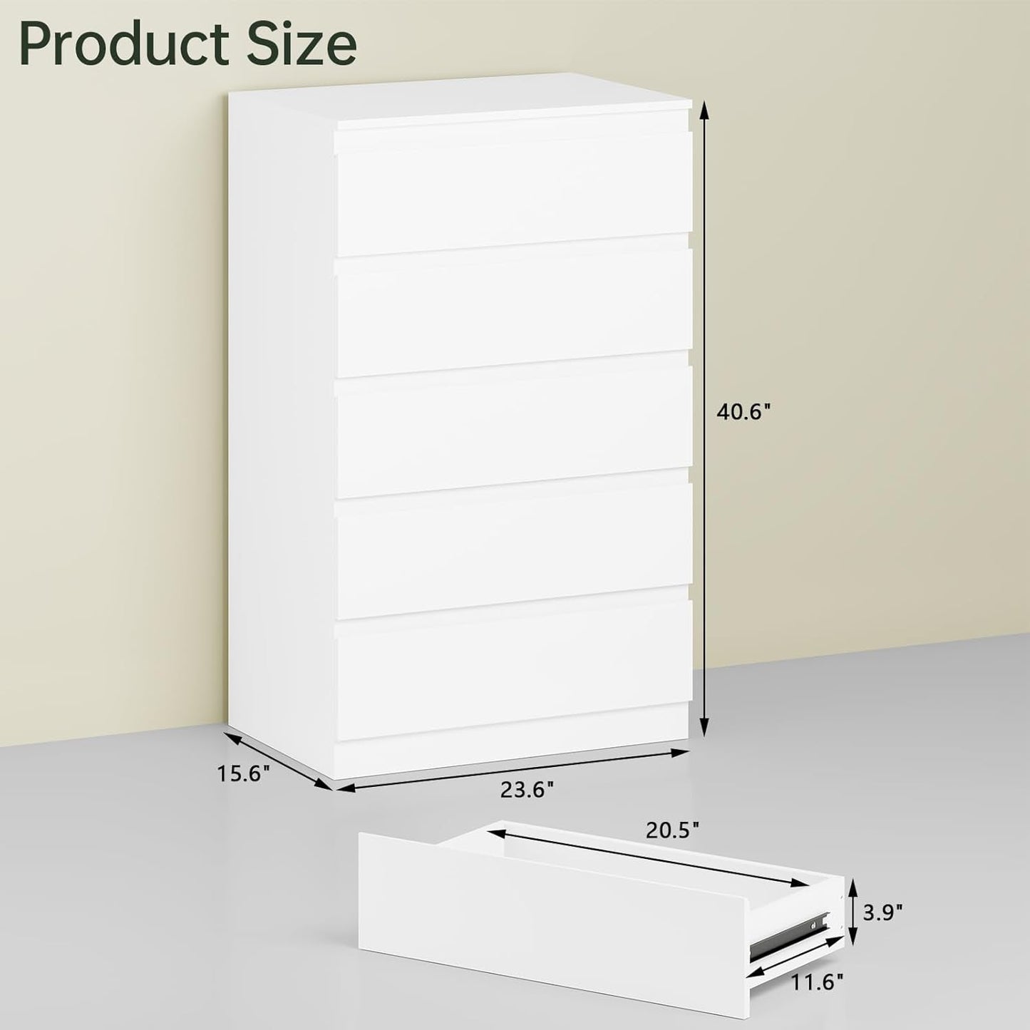 White Contemporary Solid Wood Dresser Five Drawers