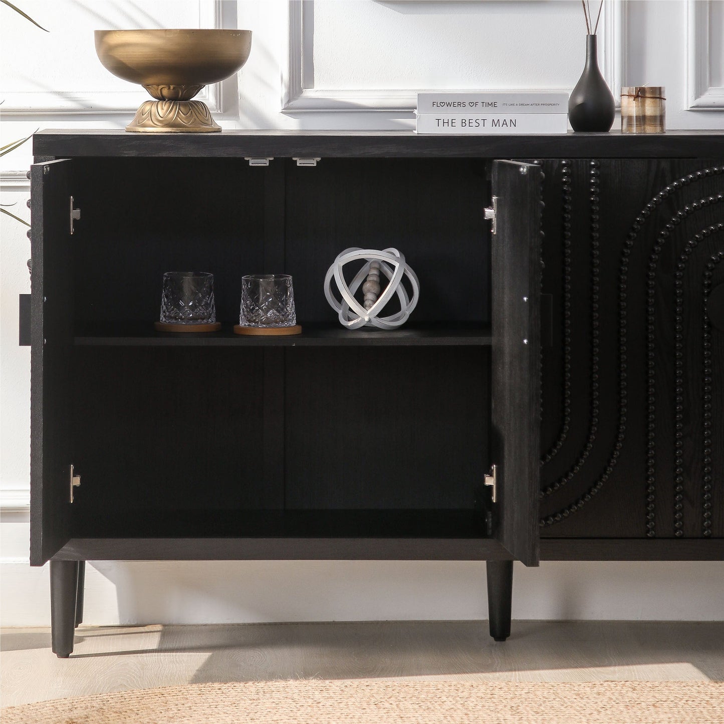 Modern Black Sideboard Cabinet with Nailhead Accents