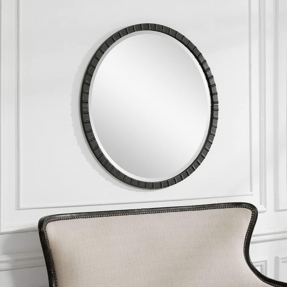 34 Inch Round Industrial Mirror Wall Mounted Matte Black Silver Finish
