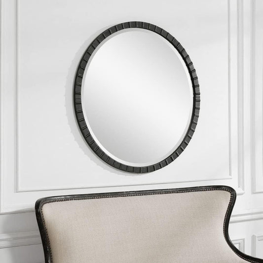 34 Inch Round Industrial Mirror Wall Mounted Matte Black Silver Finish