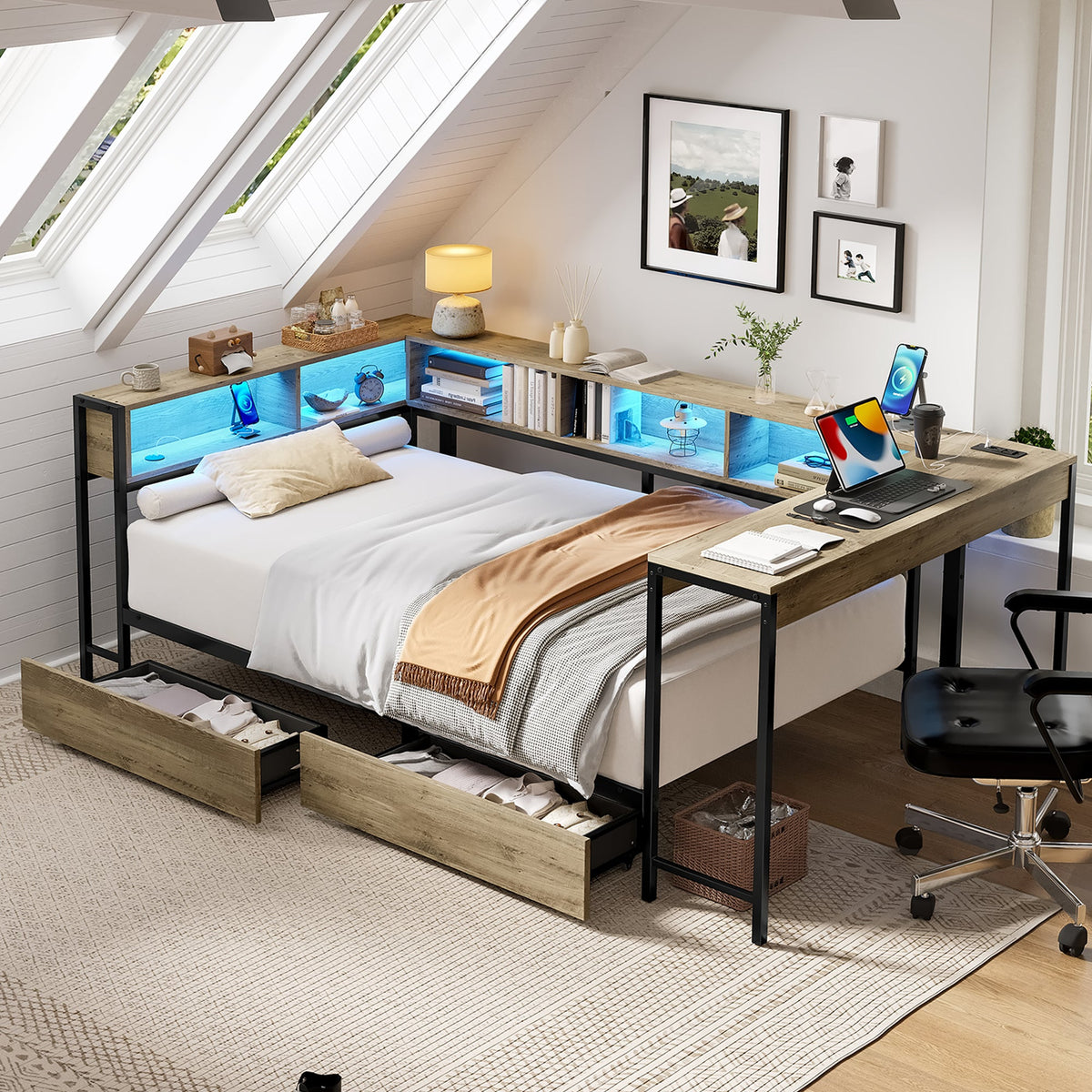 Corner Bed Frame Twin Size with Bookcase and Storage Drawers