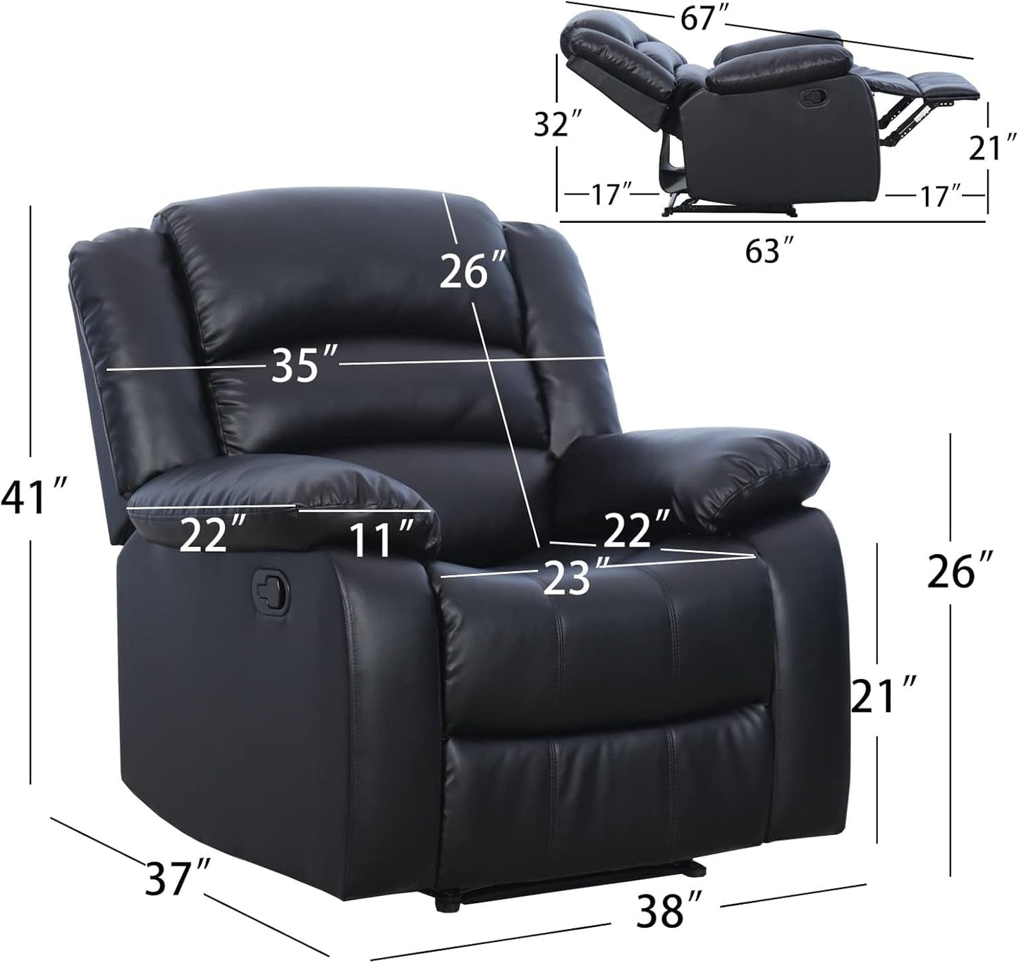Black Recliner Chair Set of 2 With Overstuffed Cushions