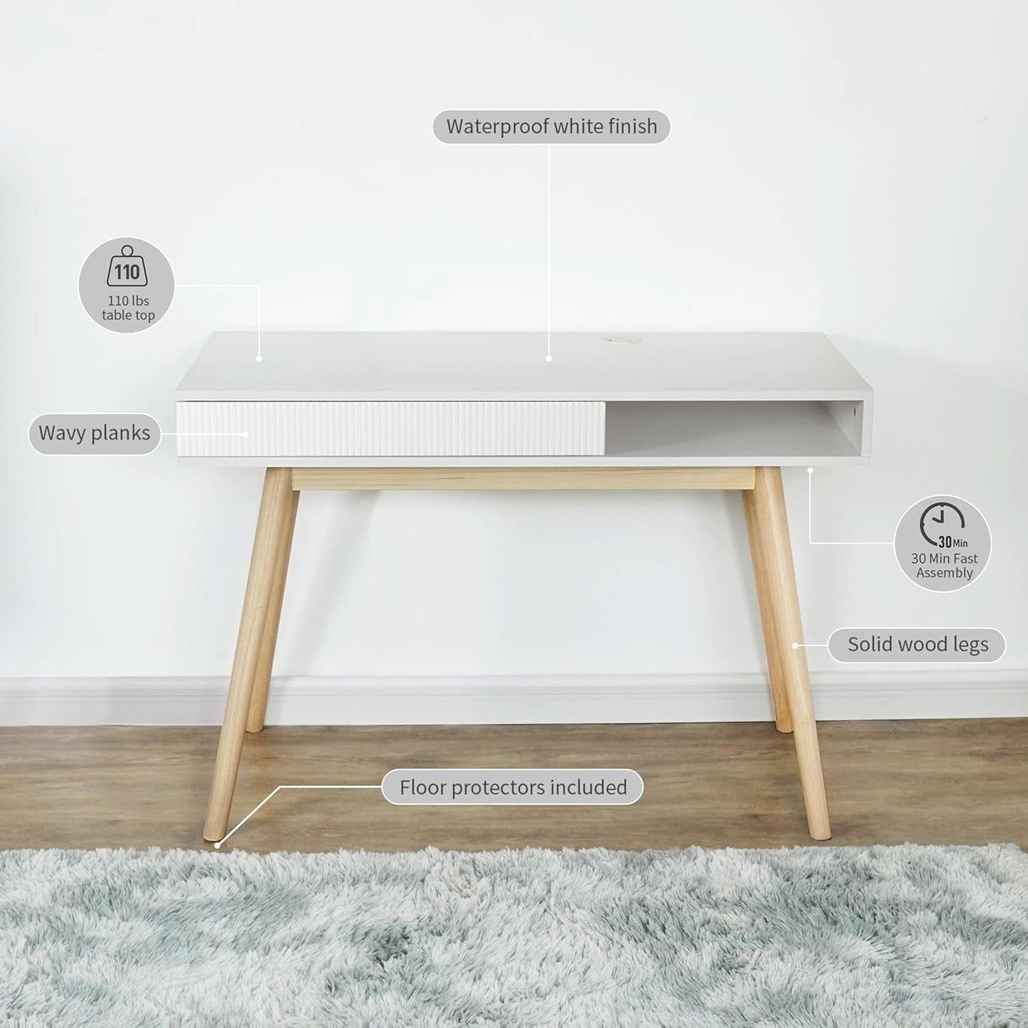 White Mid Century Modern Desk With Hidden Drawer For Home Office