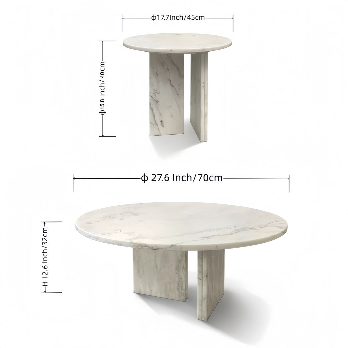 White Semi-Polished Marble Round Nesting Table Set of 2