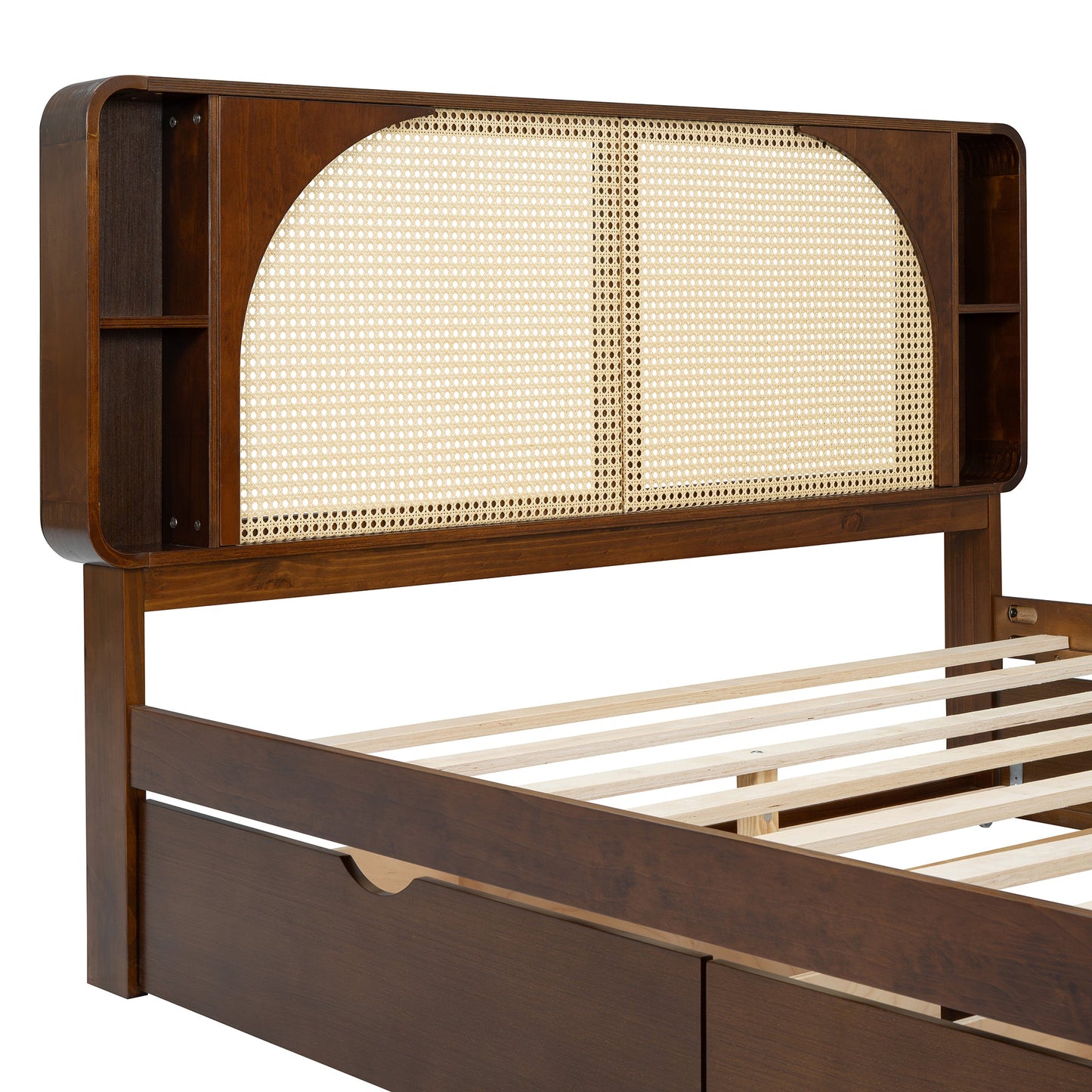 Queen Size Rattan Headboard Bed with Two Drawers and Trundle, Walnut