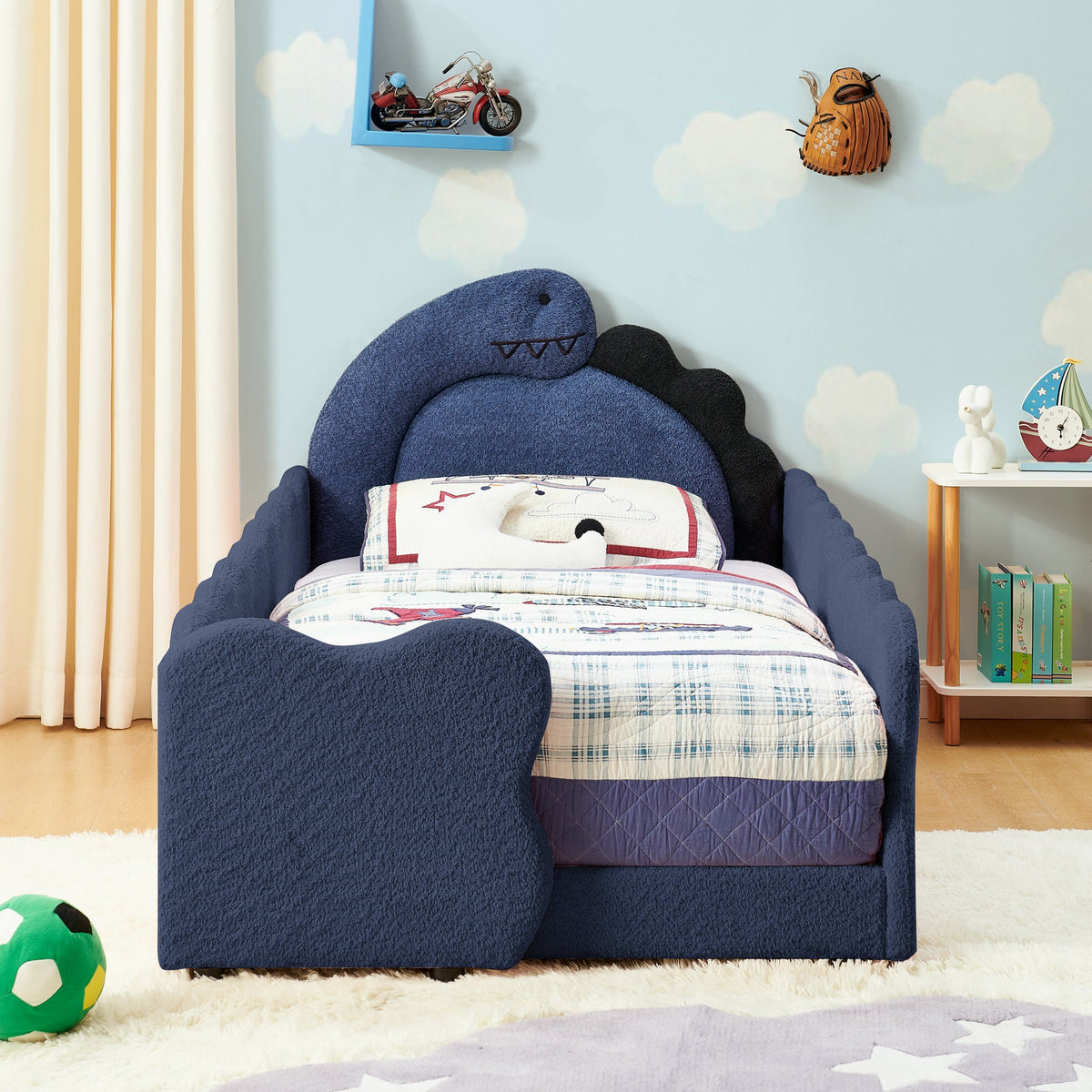 Twin Size Cute Dinosaur-Shaped Kids Bed with Safety Guardrail