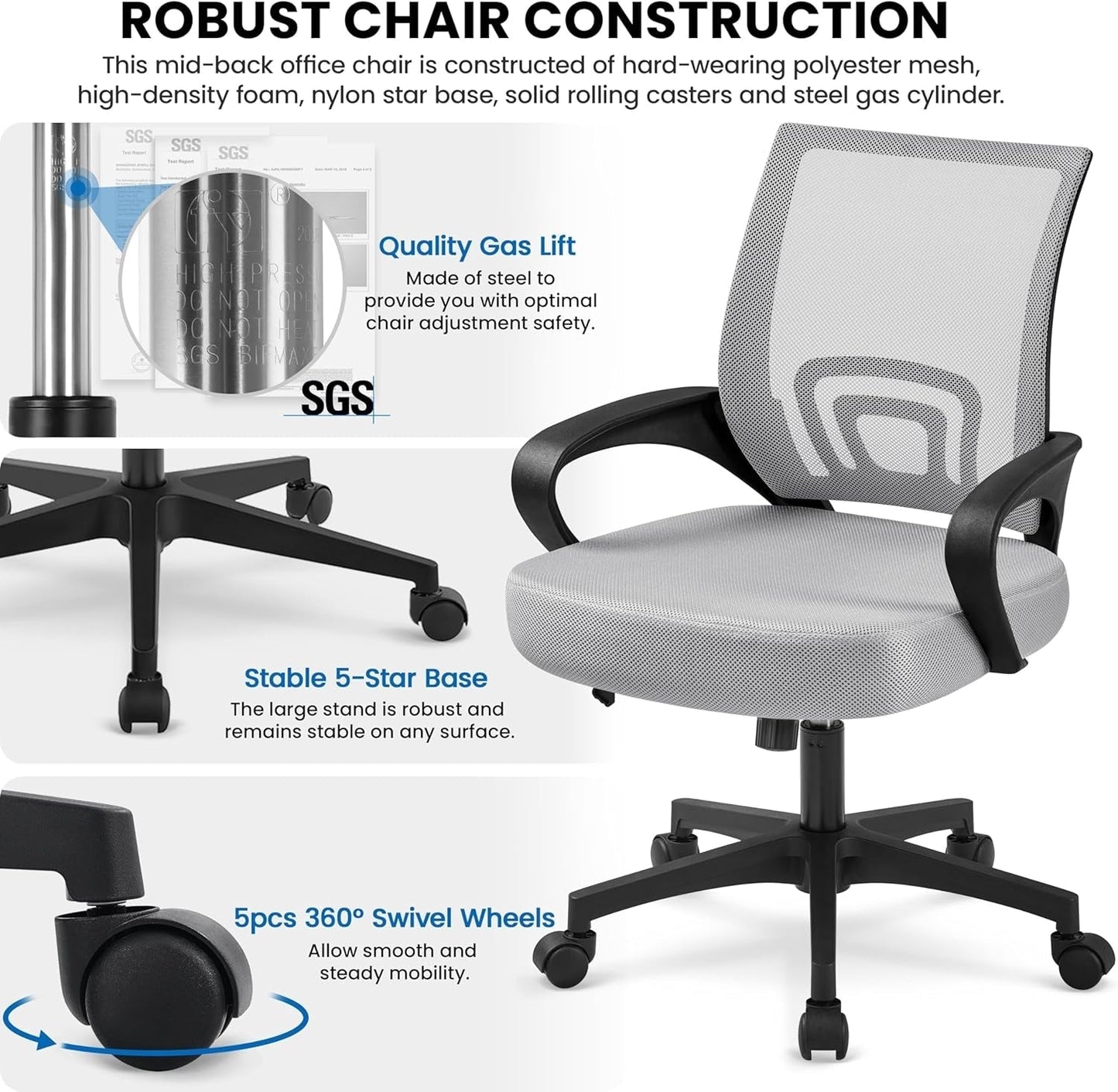 Two Pack Ergonomic Mesh Office Chairs With Lumbar Support And Adjustable Height Swivel Rolling Task Chairs Grey