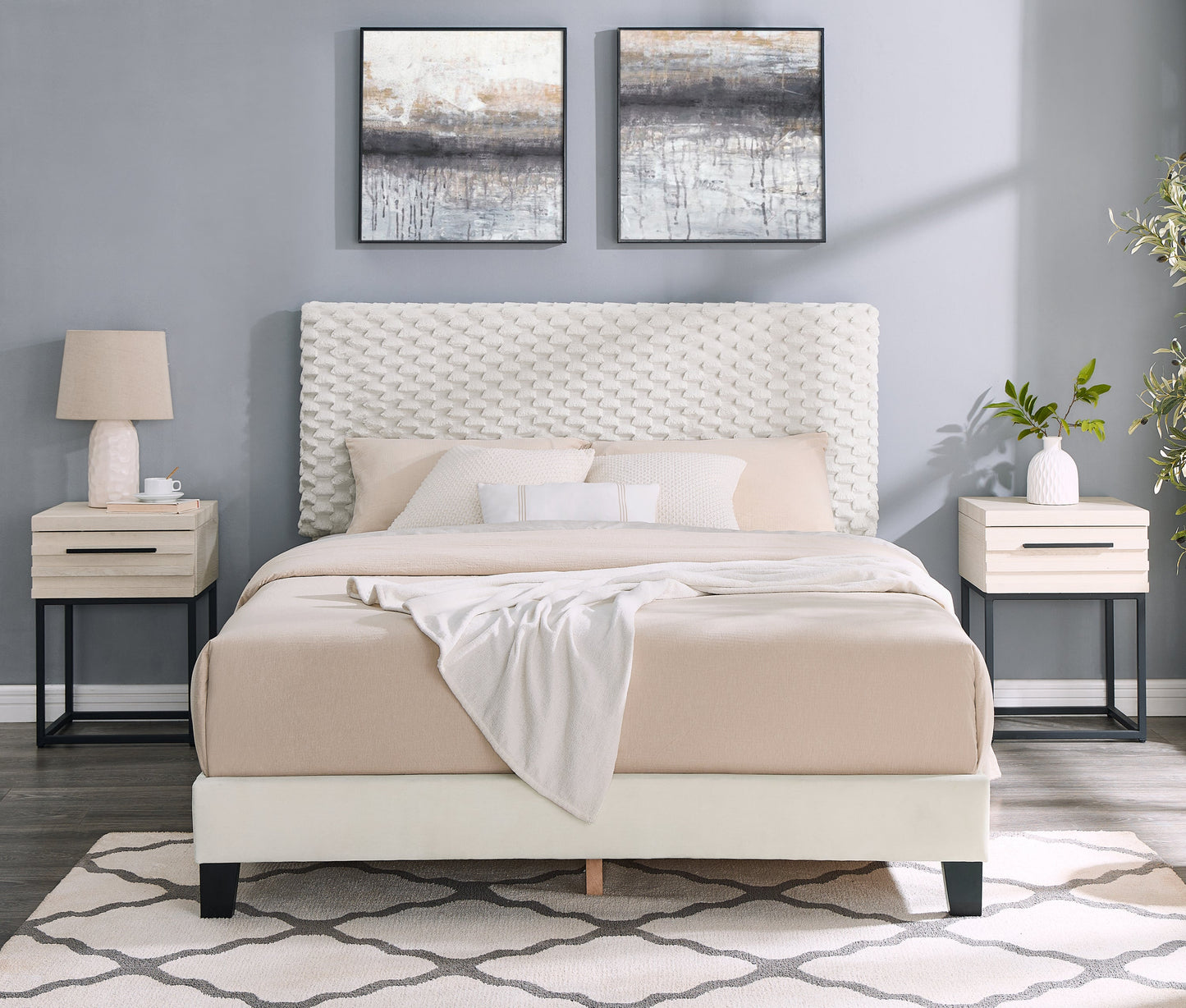 Findlay 3-Piece Bedroom Set, Plush 3D Upholstered Bed with Two Nightstands, Full