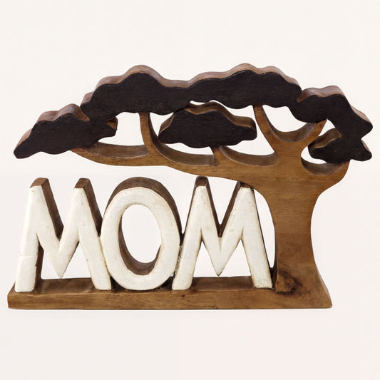 Wooden Mom Sculpture – Handmade Wooden Sign | Rustic Acacia Wood Plaque Gift