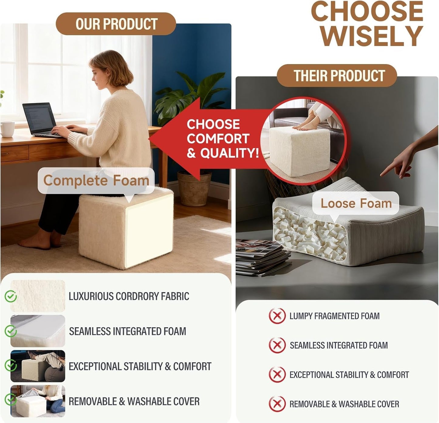 Cream Square Luxurious Upholstered Foam Pouf Ottoman