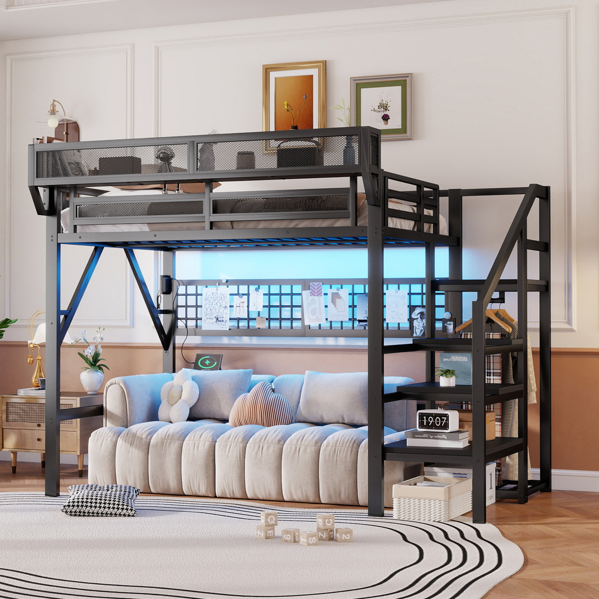 Queen Size Loft Bed with Stairs, Light, and Storage