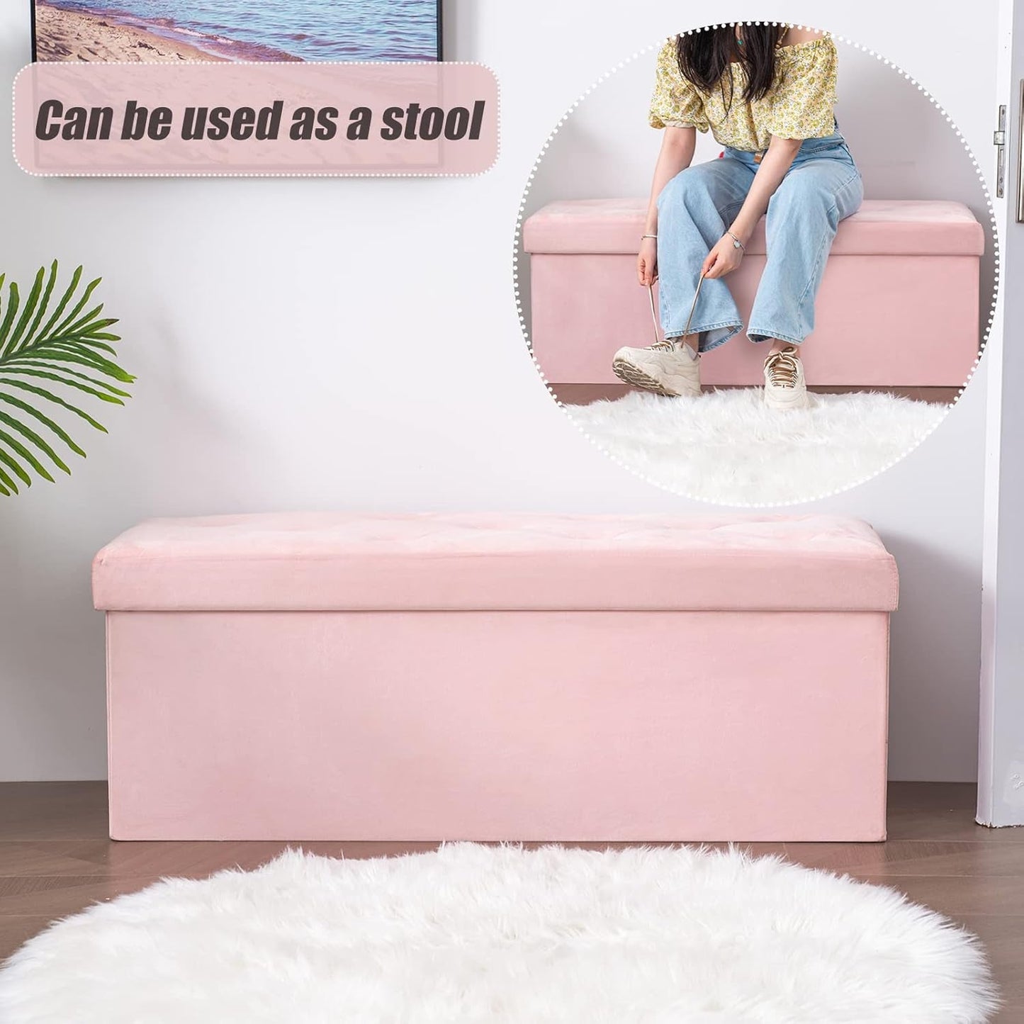 Pink 43 Inch Velvet Lux Foldable Storage Ottoman Bench