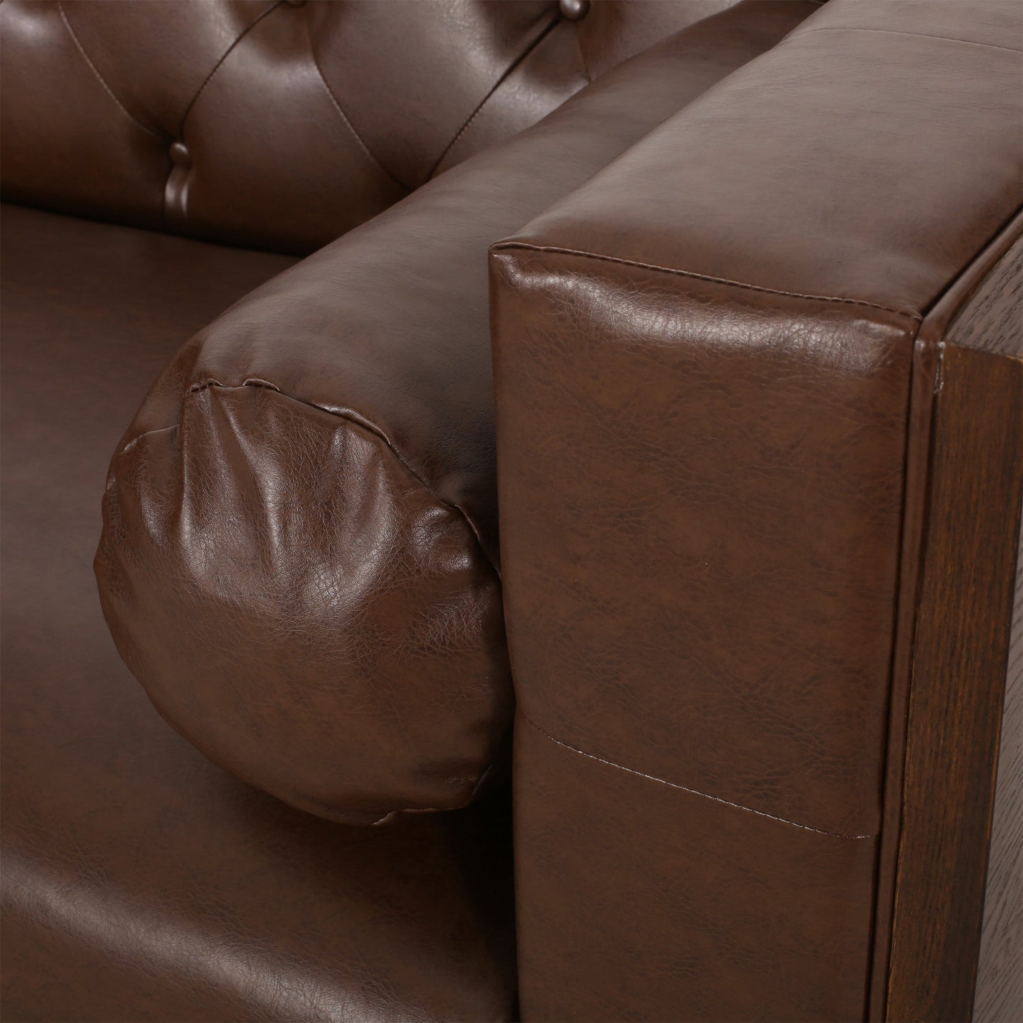 Contemporary 3-Seater Sofa with Tufted Diamond Stitch and Rolled Accent Pillows in Dark Brown PU