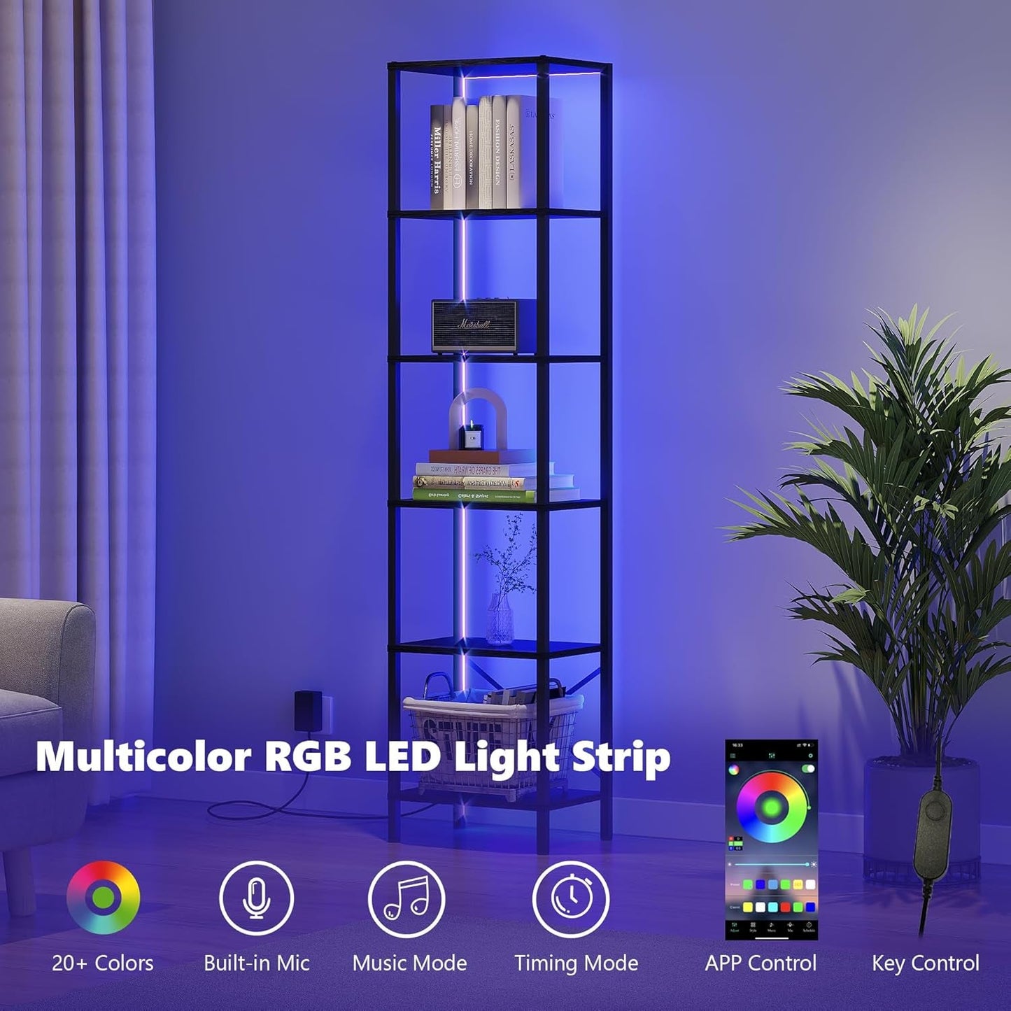6 Tier LED Bookshelf Black Tall Narrow Living Room Display