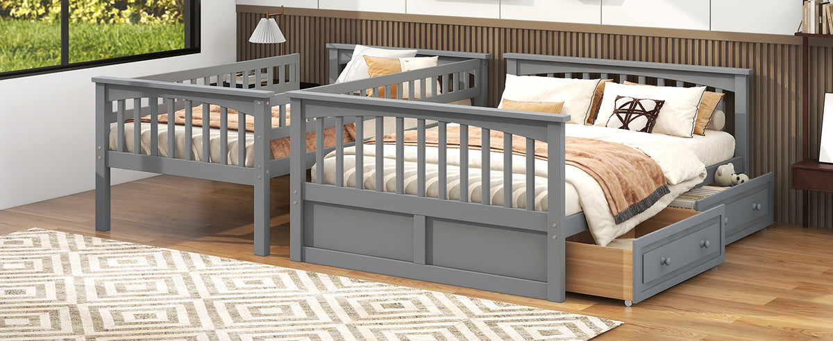 Twin Over Full Bunk Bed with Drawers, Convertible Beds