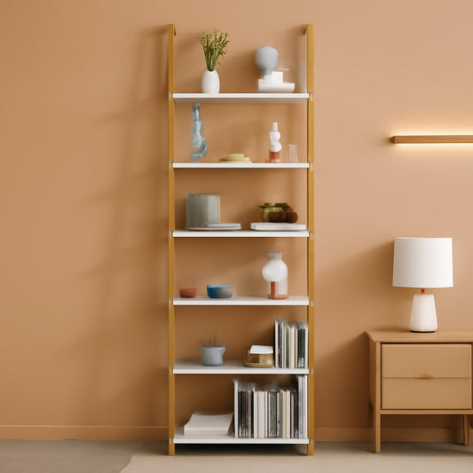 Marble White 6 Tier Ladder Shelf Bookcase Wall Mounted