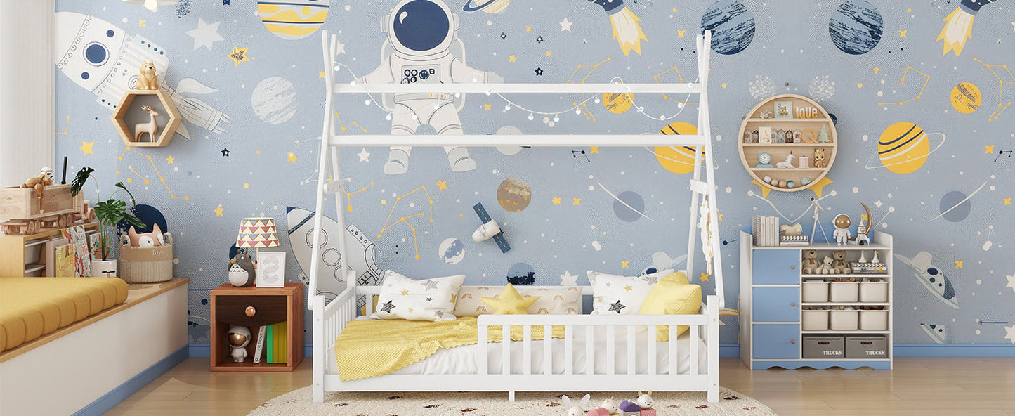 Twin House Bed with Light, Low Floor House Bed with Fence and Roof for Kids Boys Girls,White(Expect arrive date 2025/7/20)