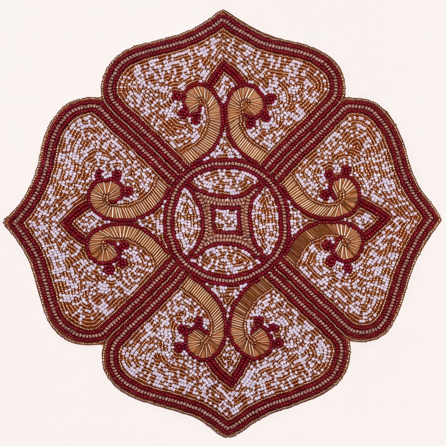 Beaded Placemats – Handmade Gold Red White Table Decor Mats, 15 Inch Satin Backing