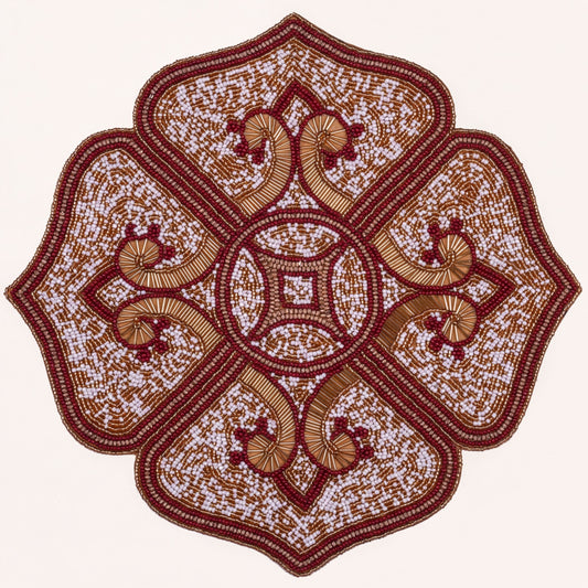 Beaded Placemats – Handmade Gold Red White Table Decor Mats, 15 Inch Satin Backing