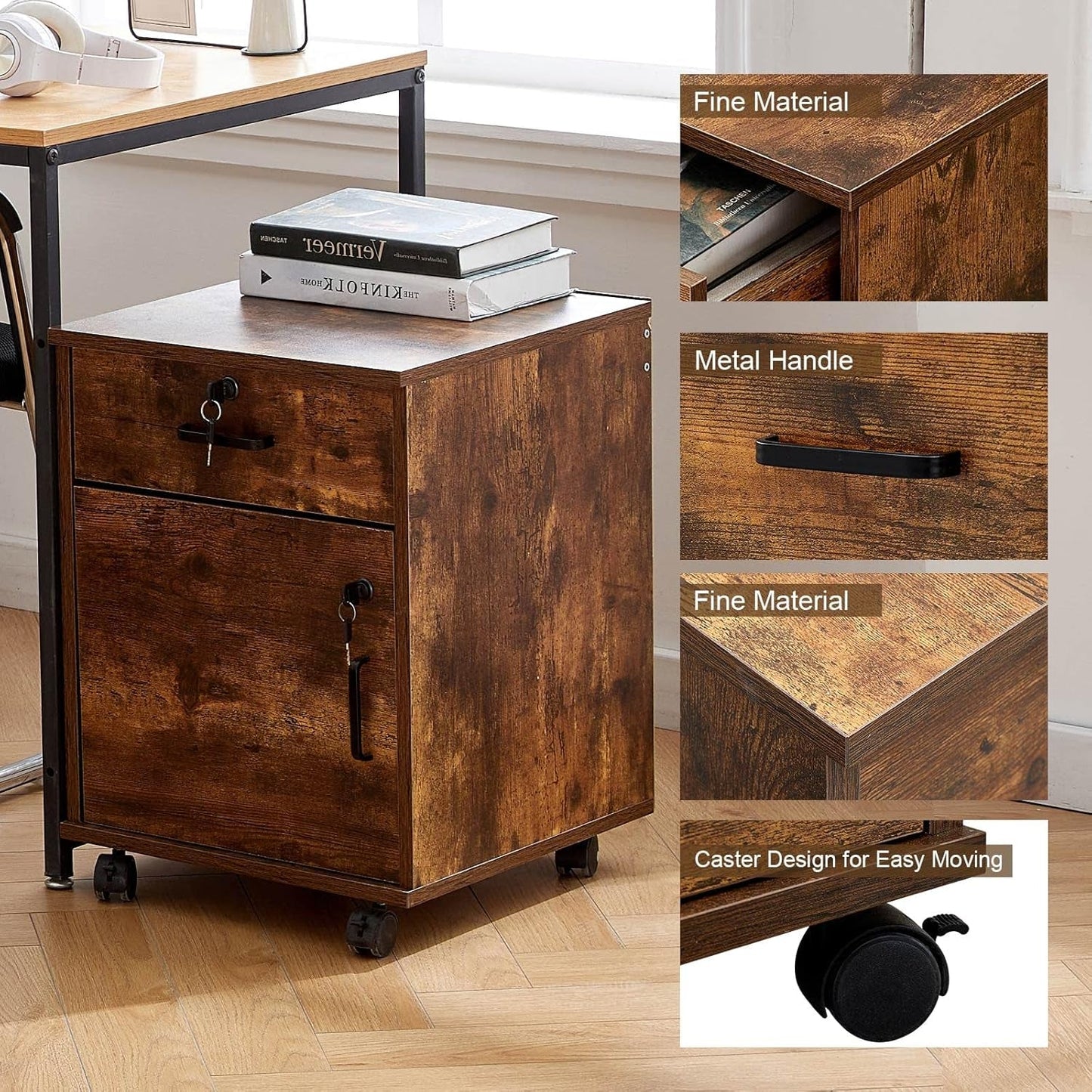 Mobile Lockable File Cabinet With Drawer Door Rustic Brown